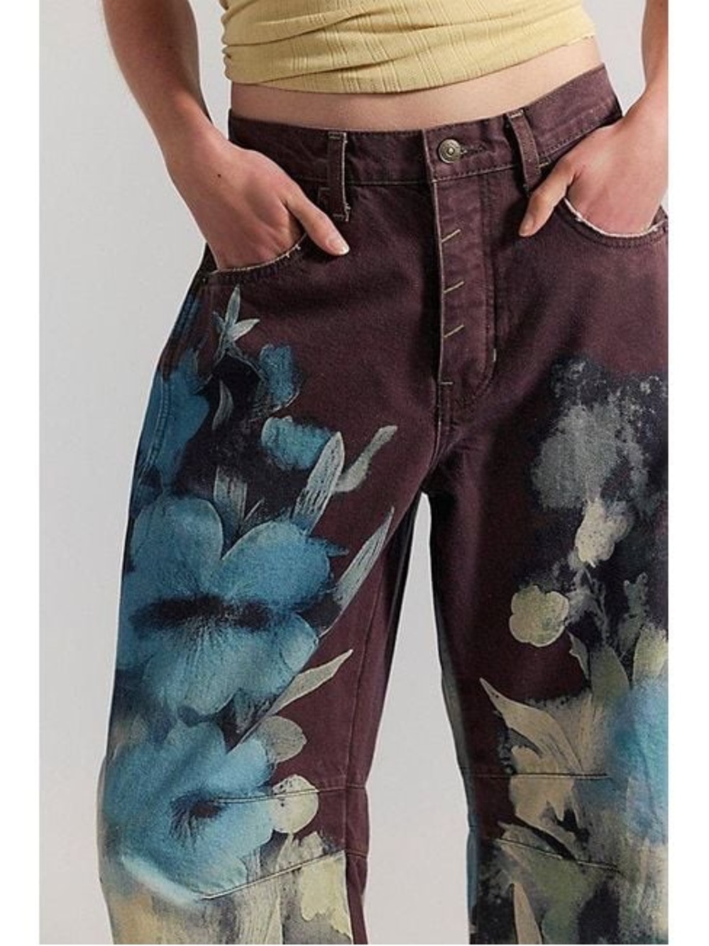 Free People Wide-Leg Painterly Floral Pants in Teal & Brown - Picture 5 of 8